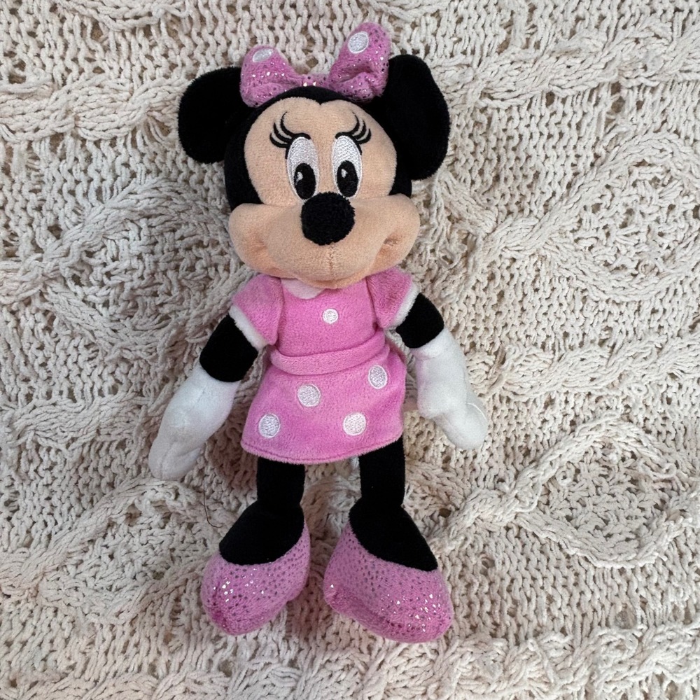 Disney Minnie Mouse Plush Pink Polka Dot Dress Glitter Shoes Just Play 9 Inch